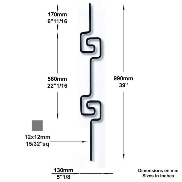 Balustre enroulement double spirale carrée hauteur 990mm Ø12mm