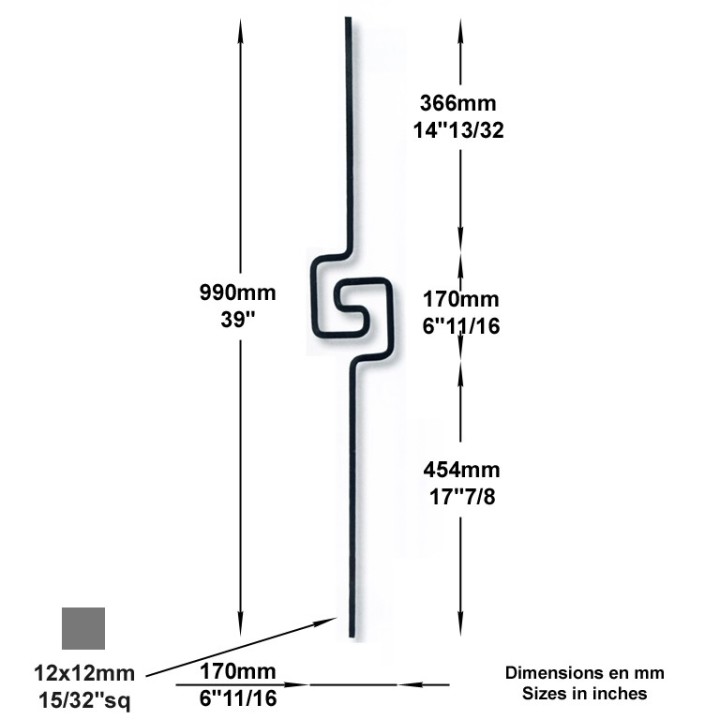 Balustre enroulement simple spirale carrée hauteur 990mm Ø12mm