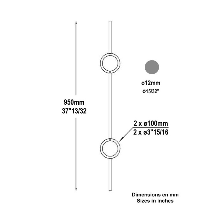 Balustre droit avec deux motifs cercles 950mm en rond ø12mm