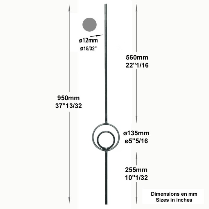 Balustre droit avec motif cercles excentré 950mm en rond ø12mm