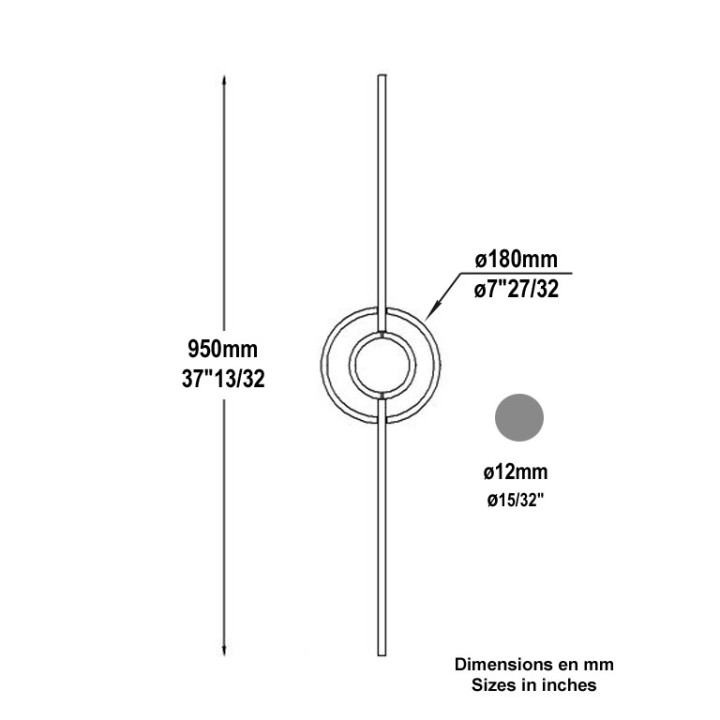 Balustre droit avec motif cercles centraux 950mm en rond ø12mm