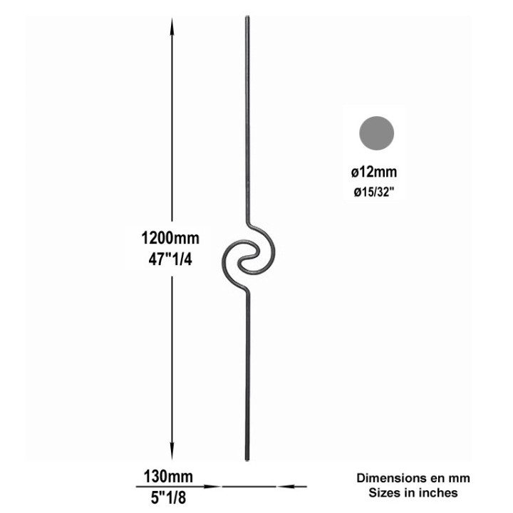 Balustre à enroulement simple spirale hauteur 1200mm rond Ø12mm
