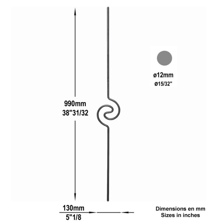 Balustre à enroulement simple spirale hauteur 990mm rond Ø12mm