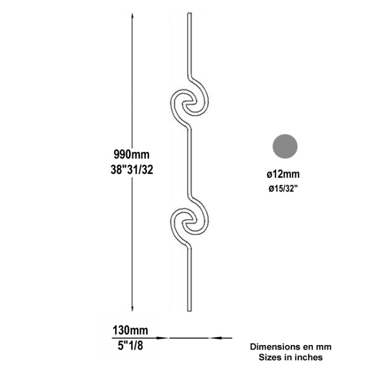 Balustre à enroulement double spirale hauteur 990mm rond Ø12mm