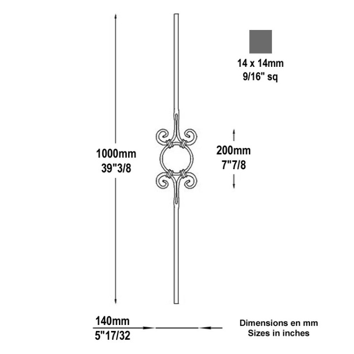 Balustre avec motif central cercle et volutes forgées 1000x130mm