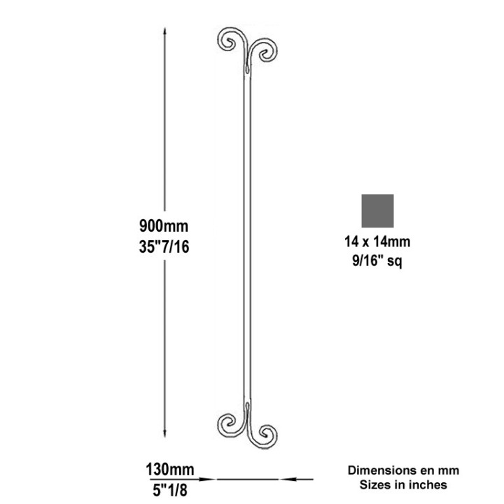 Balustre avec extrémités forgées droites pattes d'oies 900x130mm