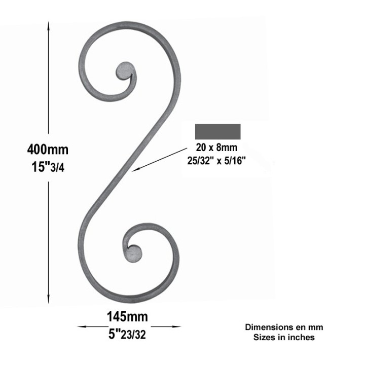 Volutes avec extrémités à noyaux en forme de S plat de 20x8mmm