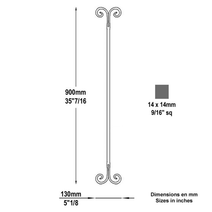 Balustre avec extrémités forgées droites demi volutes 900x130mm