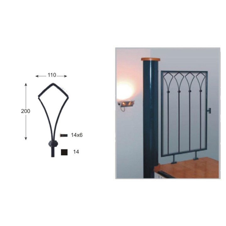 Balustre façon gothique hauteur 1400 carré 14x14mm motif 110x200