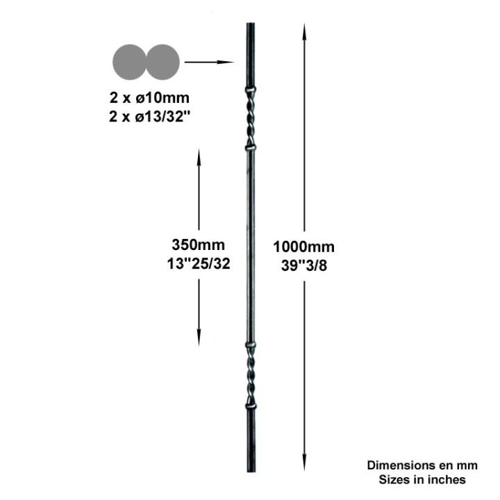Balustre art déco lisse hauteur 1000mm 2xø10mm et deux torsades