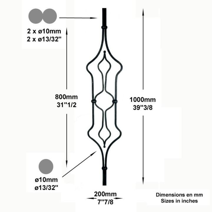 Balustre art déco lisse 1000mm formant un panneau déco 800x200