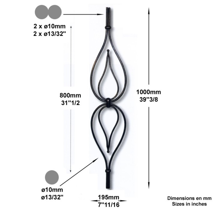 Balustre art déco lisse 1000mm composé de deux raquettes ø10mm
