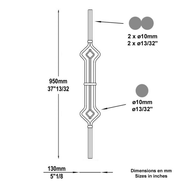 Balustre art déco 950mm en 2 barreaux ø10mm avec décor central