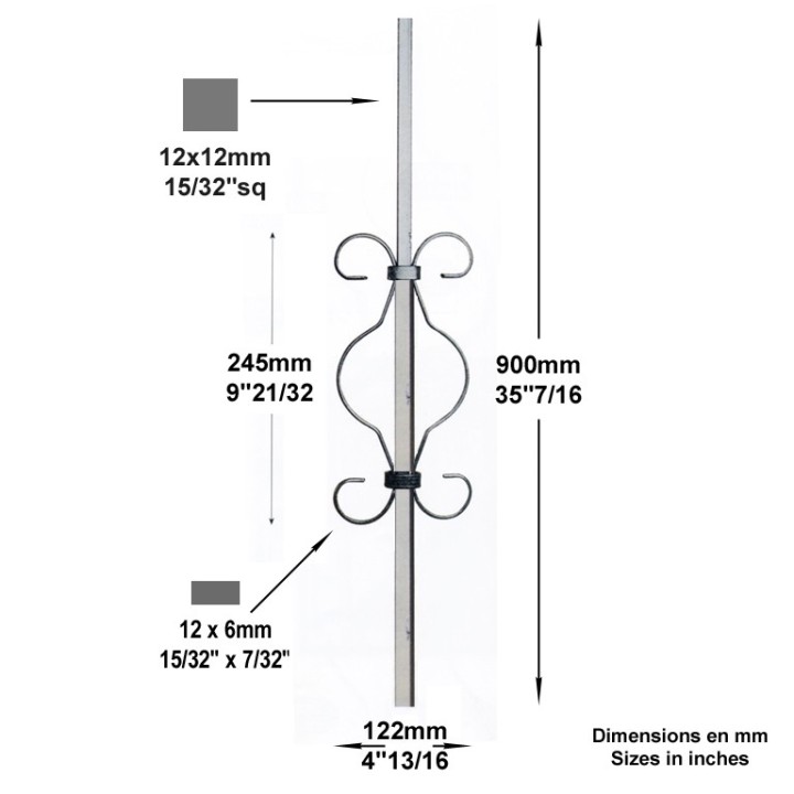 Barreau 900mm 12x12mm avec volutes bouts droit et lisses 245x122