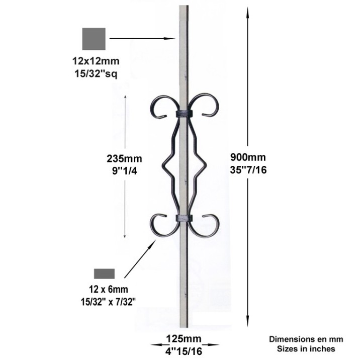 Barreau 900mm 12x12mm avec volutes bouts droit et lisses 235x125