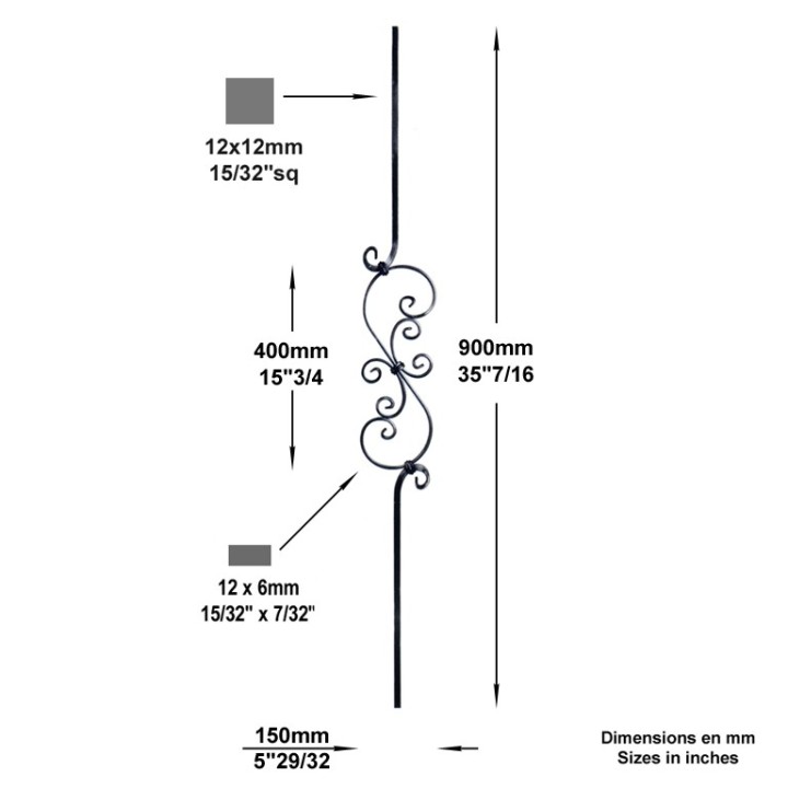 Balustre assemblé 900mmlisse avec décors volutes S+C en 12x6mm