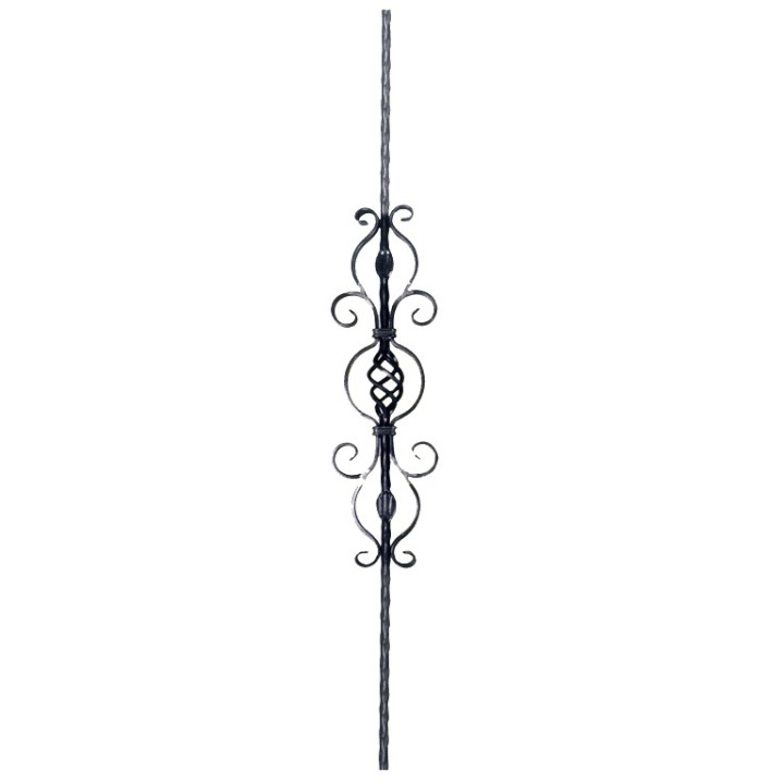 Balustre assemblé martelé 12x12mm avec boule torsadée et volutes
