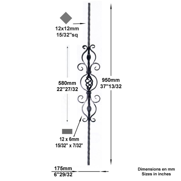 Balustre assemblé martelé 12x12mm avec boule torsadée et volutes