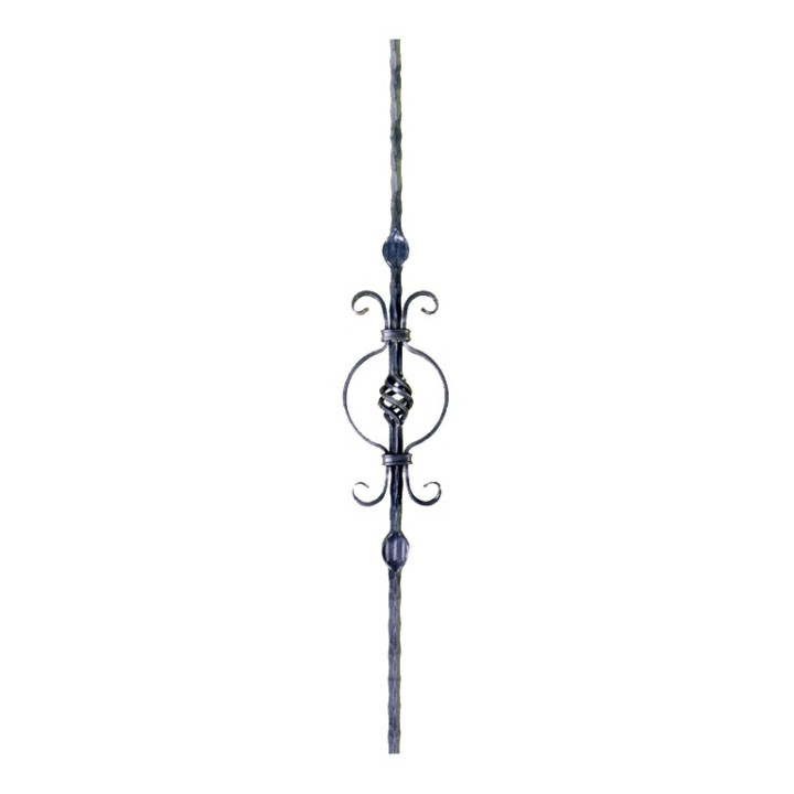 Balustre martelé assemblé 12x12mm avec boule torsadée et volutes