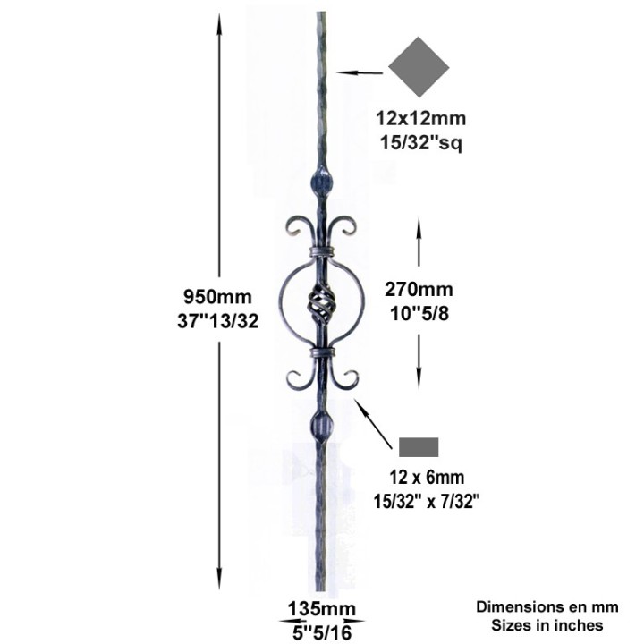 Balustre martelé assemblé 12x12mm avec boule torsadée et volutes