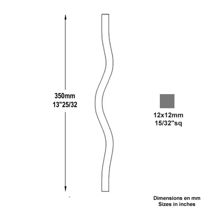 Barreau, balustre carré 12x12 ou 14x14 ondulé H350mm à 1150mm
