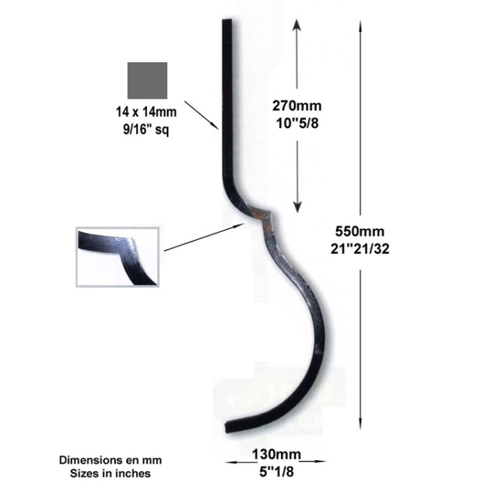 Balustres galbés angle soudé hauteur 550mm à 1500mm 14x14mm
