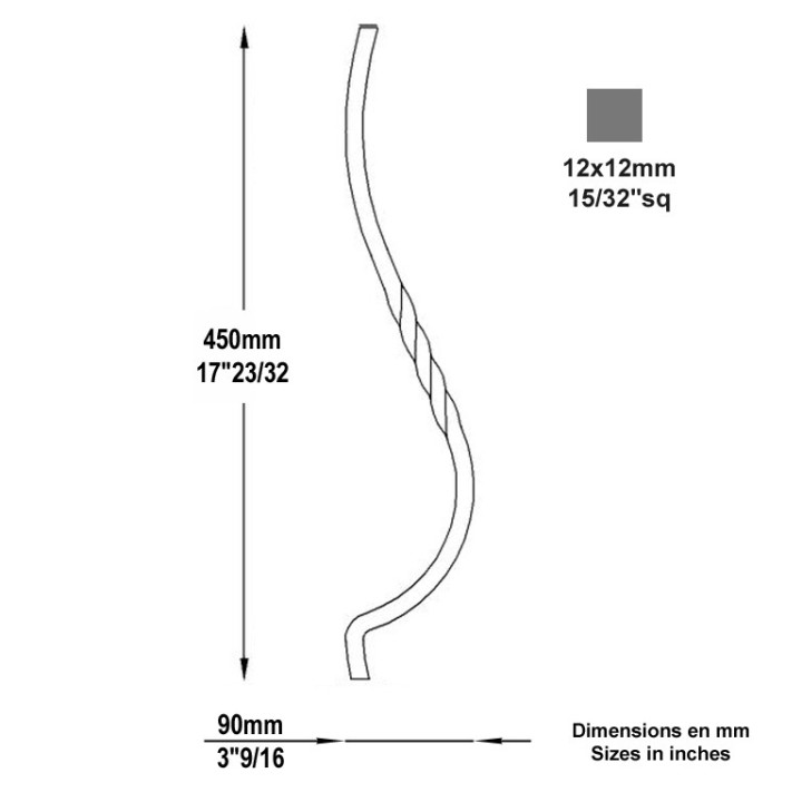 Balustres torsadés 1 seul galbe hauteur 450mm à 1050mm 12x12mm
