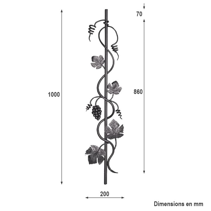 Balustre en acier forgé grenaillé avec feuilles de vignes et raisins