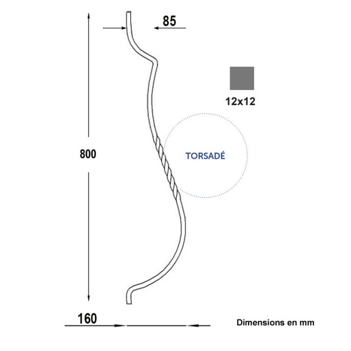 Balustres torsadé double galbe hauteur 800 ou 900mm 12x12mm