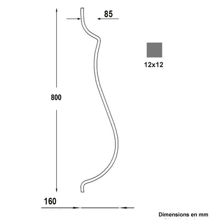 Balustres lisses avec double galbe hauteur 800 ou 900mm 12x12mm