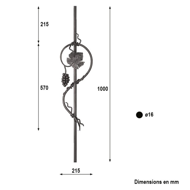 Balustre fer forgé ø16mm hauteur 1000mm feuilles vigne et raisin