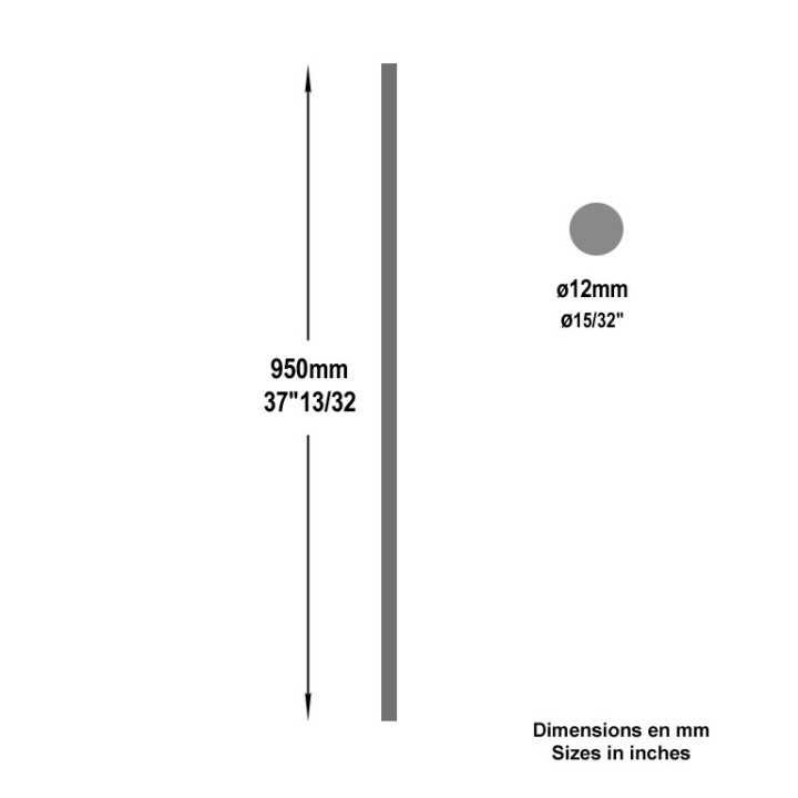 Barreau, balustre rond lisse hauteur 950 ou 1000mm, ø12, ø14, ø16