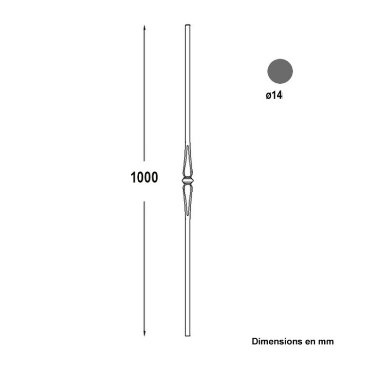 Balustre 1000mm en acier rond lisse Ø14mm, 1 motif avec bagues