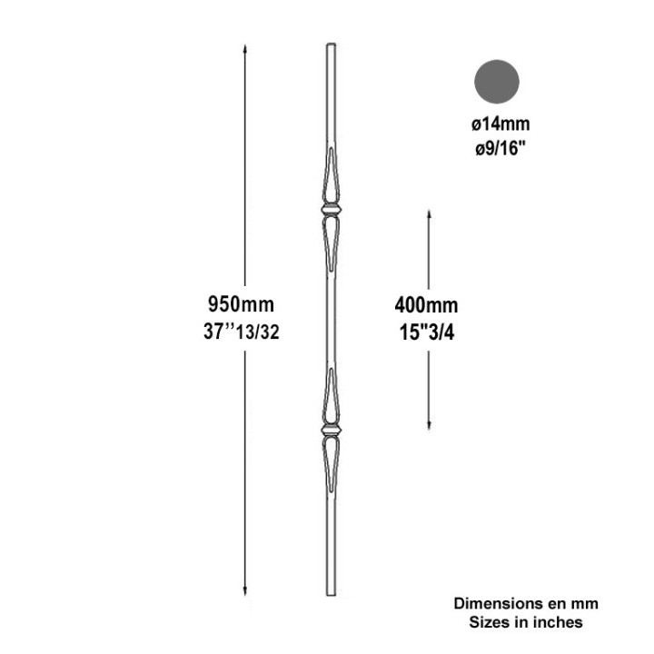 Balustre 1000mm en acier rond lisse Ø14mm, 2 motifs avec bagues