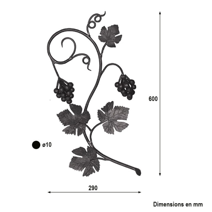 Balustres fer forgé ø16mm hauteur 1000mm feuilles vigne et raisin