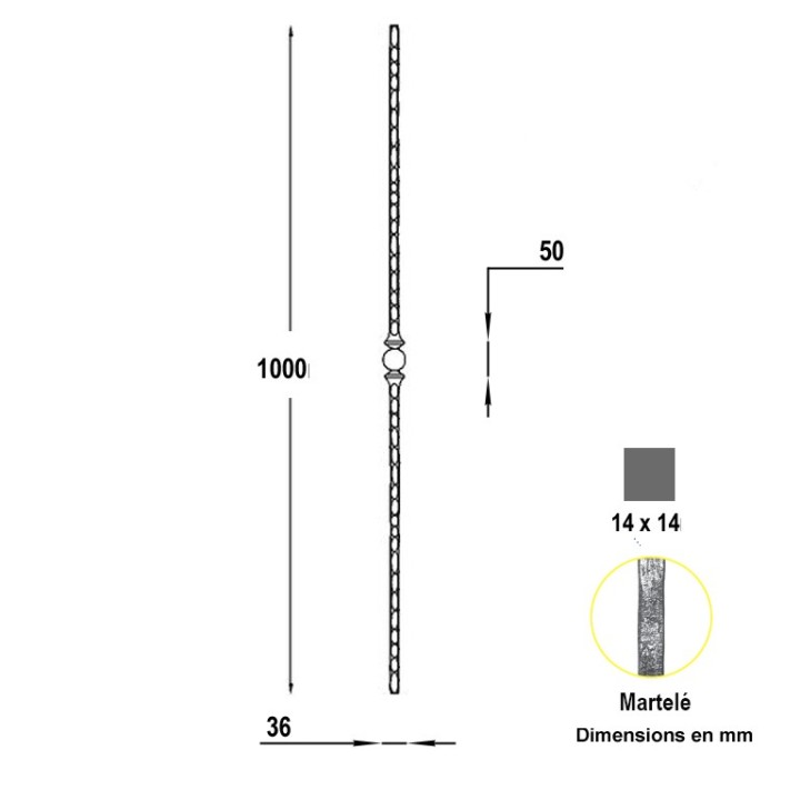 Balustre 1000mm en acier forgé martelé 4 faces et 1 motif forgé