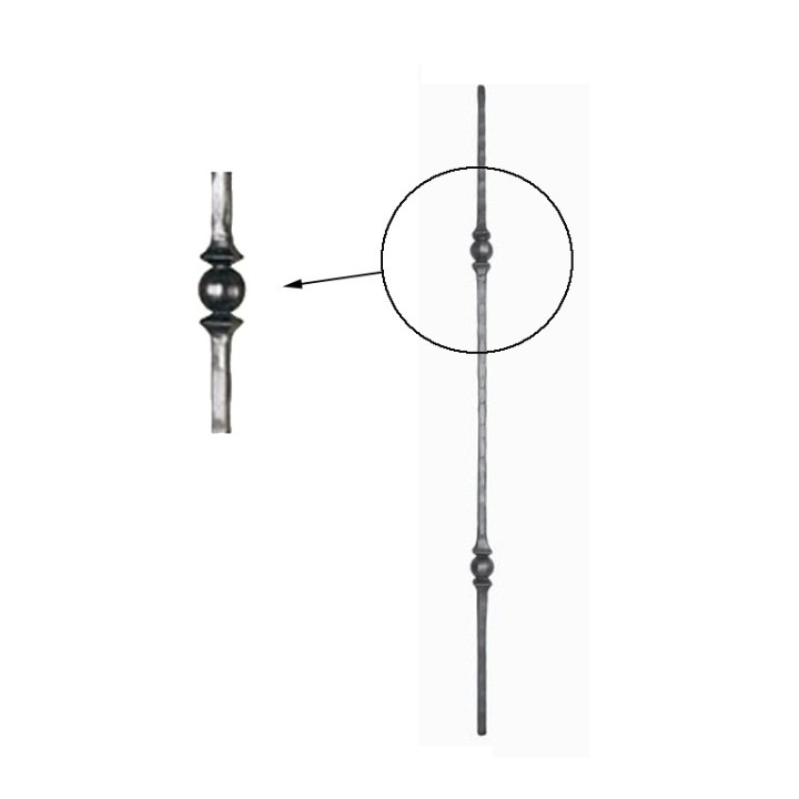 Balustre 1000mm en acier forgé martelé 4 faces et 2 motifs forgés