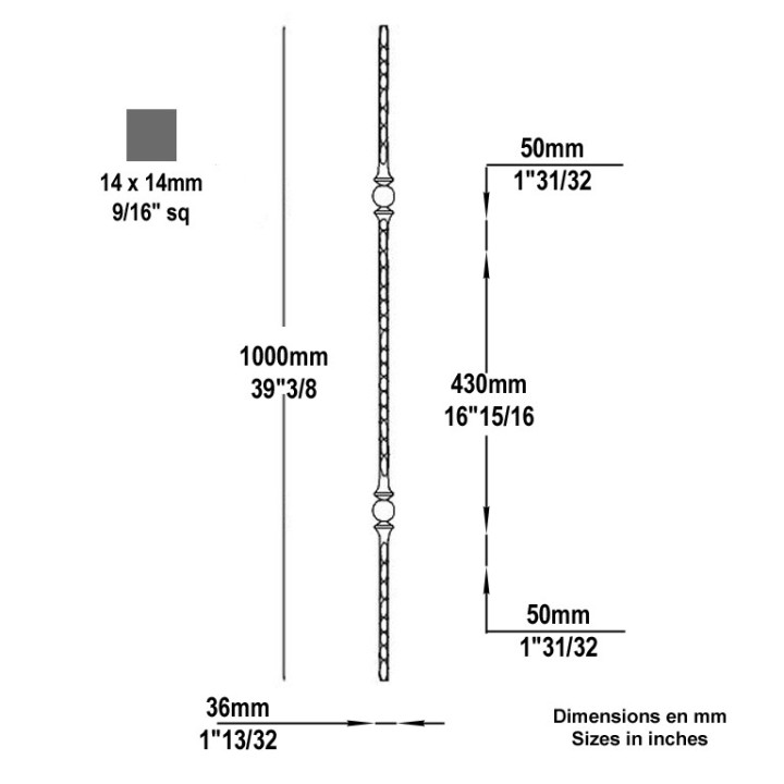 Balustre 1000mm en acier forgé martelé 4 faces et 2 motifs forgés