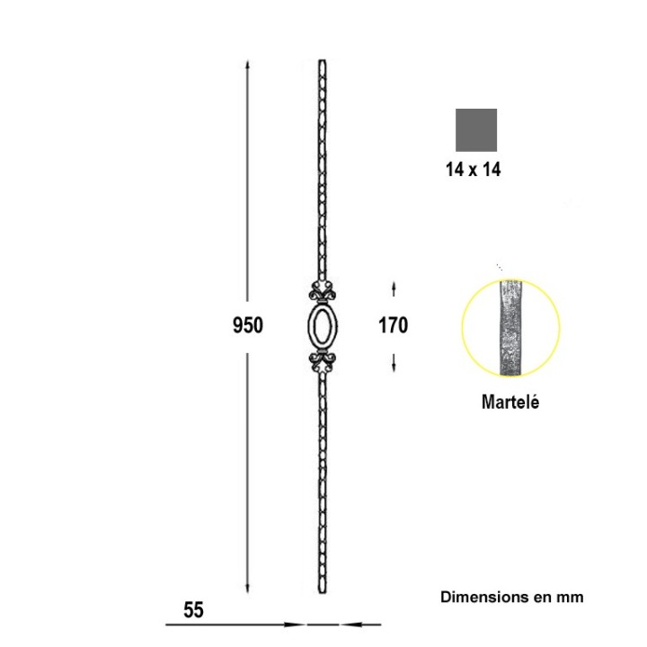 Balustre 950mm en acier forgé martelé et un motif forgé 170x55mm