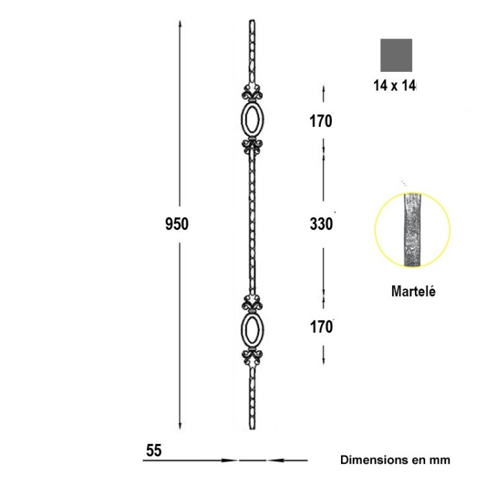 Balustre 950mm en acier forgé martelé et 2 motifs forgés 170x55mm