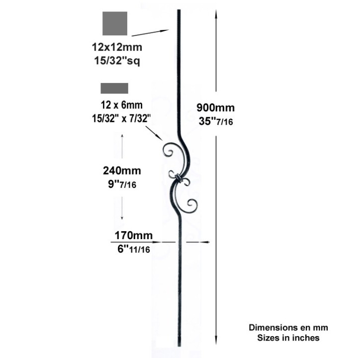 Balustre 12x12mm acier forgé lisse avec un motif à volutes en "C"