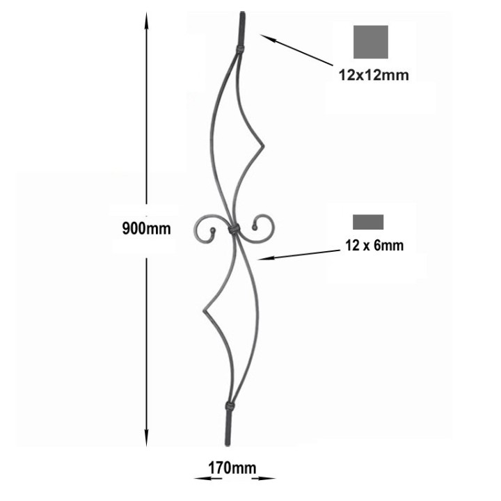 Balustre 950mm 12x12mm Art déco avec volutes 12x6mm à boules