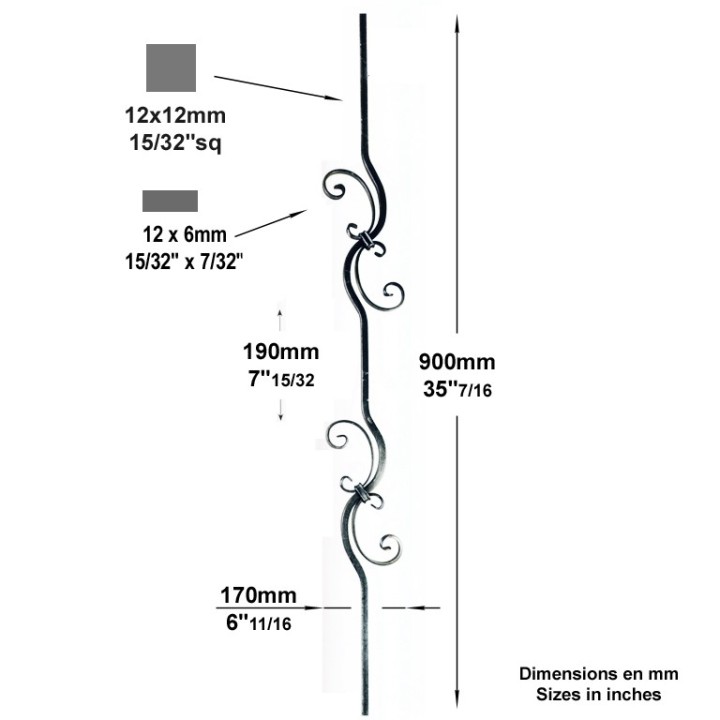 Balustre 12x12mm acier forgé lisse avec motifs à volutes en "C"