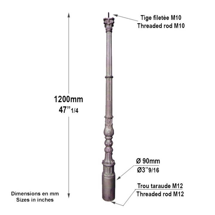 Poteau fonte hauteur 1200mm rainuré et embase Ø90mm pleine