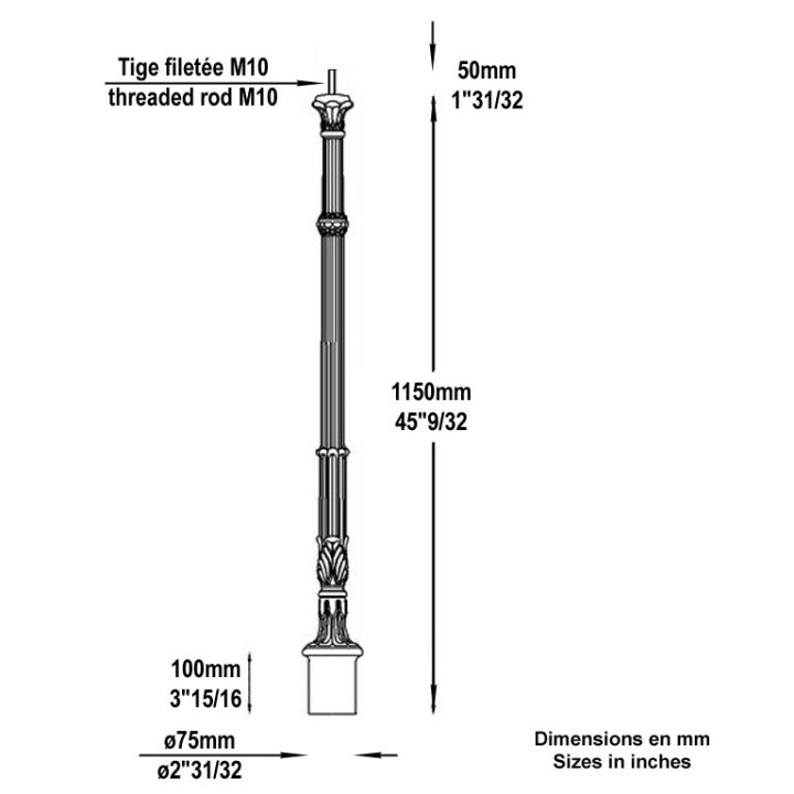 Poteau fonte hauteur 1150mm rainuré et embase Ø75mm pleine