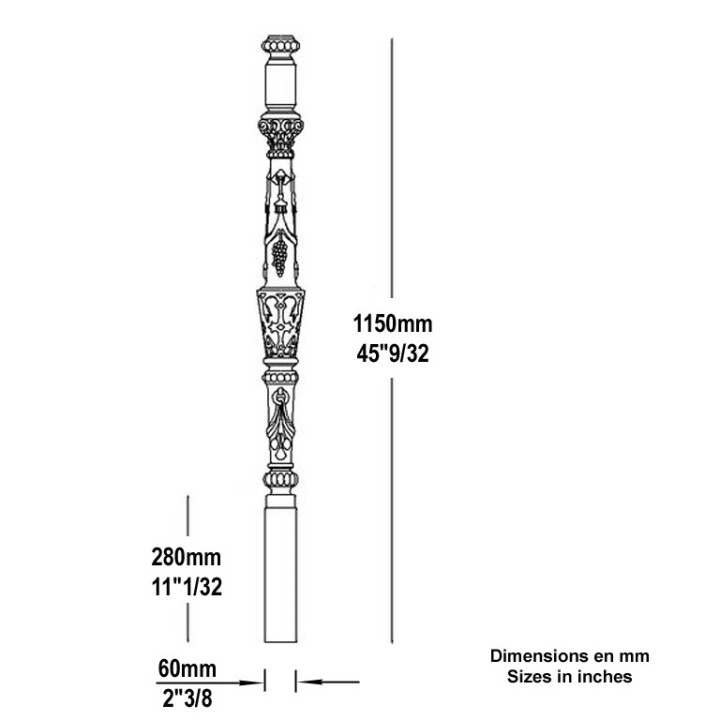 Poteau en fonte hauteur 1150mm décorée embase Ø60mm 280mm