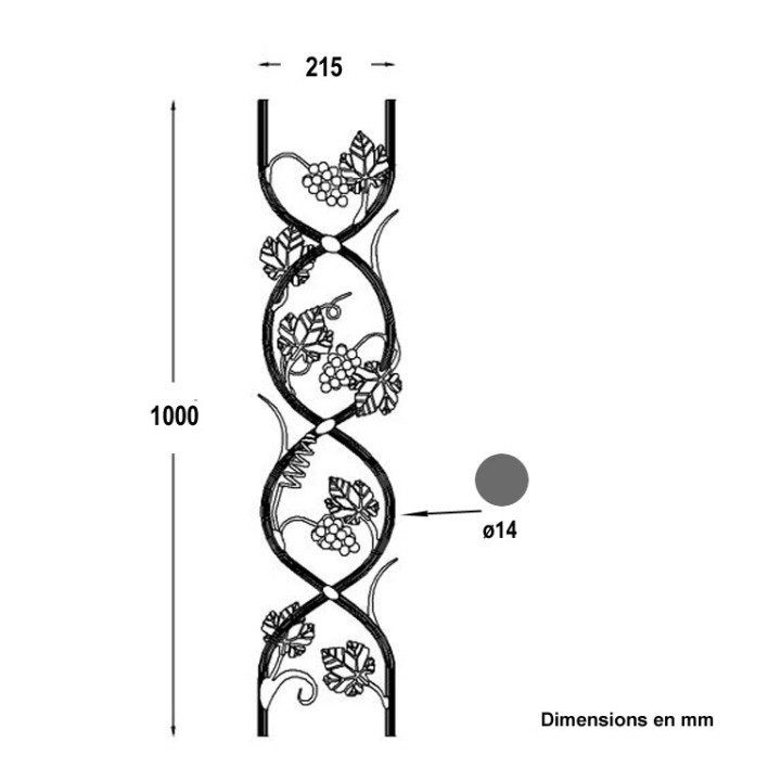 Balustre 2 barreaux feuilles de vigne et raisins 1000x215mm ø14mm