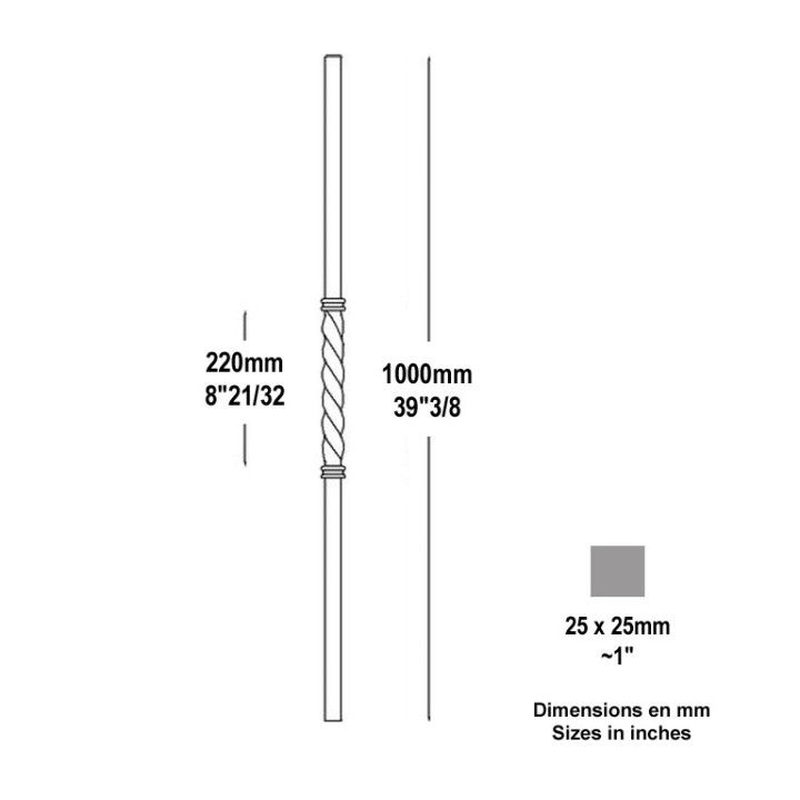 Poteau en acier carré 25x25mm 1000mm lisse avec torsade 220mm