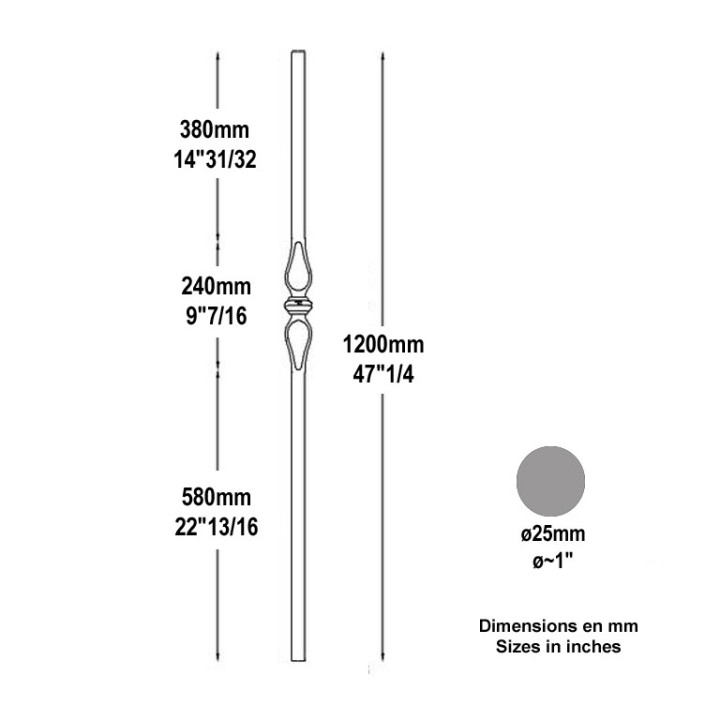 Poteau acier rond Ø25mm 1200mm lisse avec motif central 240mm