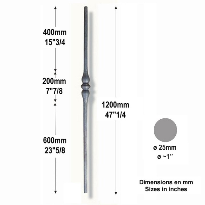 Poteau acier rond Ø25mm 1200mm lisse avec motif central 200mm